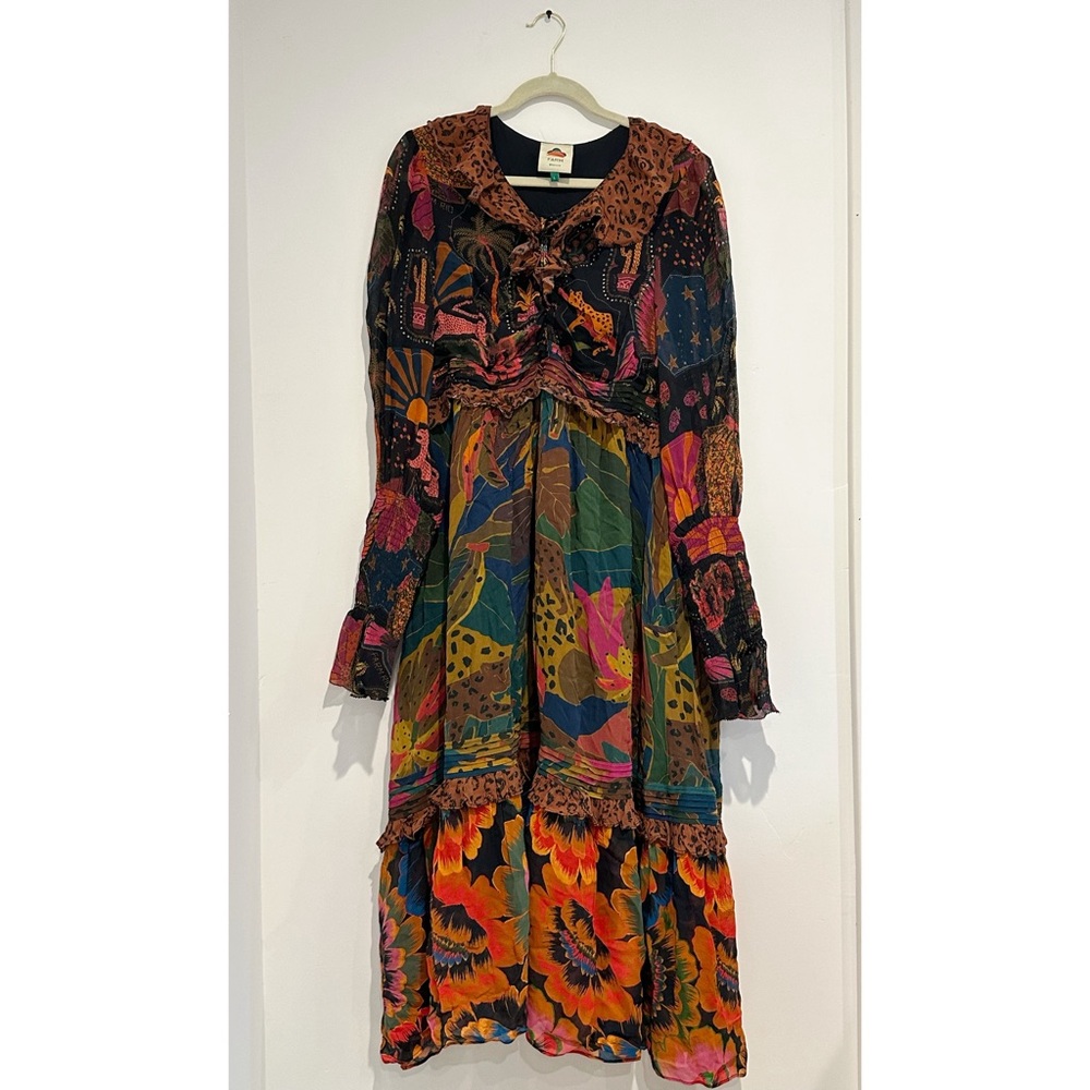 Farm Rio Mixed Leopards Jungle Lace Up Romantic Midi Dress